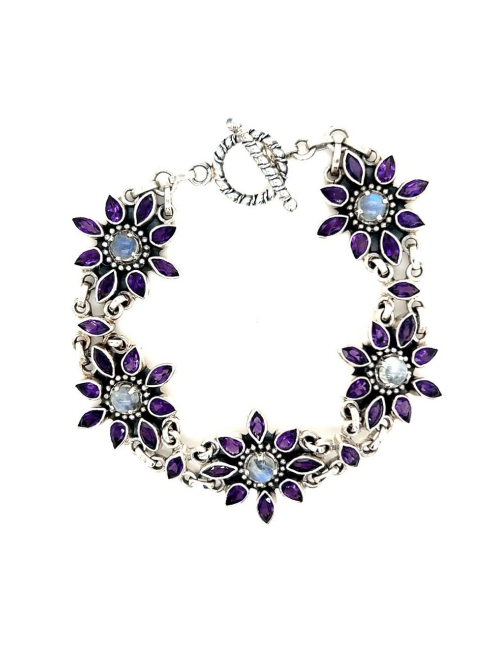 Silver Amethysts/Moonstone Floral Toggle Bracelet